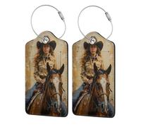 Etiqueta de equipaje de mujer joven montando a caballo vaquera occidental para maleta, paquete de 2 etiquetas de equipaje de cuero con solapa de privacidad, etiqueta de identificación de nombre y lazo