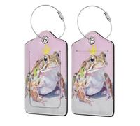 Etiqueta de equipaje de rana con corona amarilla para maleta, paquete de 2 etiquetas de equipaje de cuero con solapa de privacidad, etiqueta de identificación de nombre y lazo de metal para mujeres y