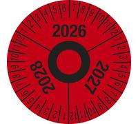 Etiqueta de inspección, varios años, en rojo lámina plástica, Ø 40 mm, UE 10 unid.