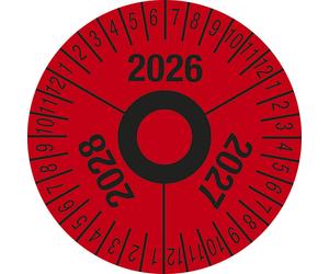 Etiqueta de inspección, varios años, en rojo lámina plástica, Ø 40 mm, UE 10 unid.