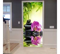 Etiqueta De La Puerta 3D Adhesivo Puerta Murales Vinilo Magnolia Flor Zen Piedra Negra Papel Pintado Arte Calcomanía Baño Sala De Estar Dormitorio Decoración Pegatinas De Puerta Tamaños A Medida