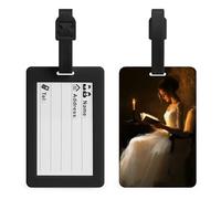 Etiqueta de viaje con texto en inglés "Woman Reading by The Candle"