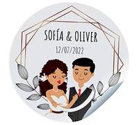 Etiquetas adhesivas boda. Pegatinas personalizadas con nombre y fecha para los regalos de tus invitados. Tamaño 45mm/60mm/70mm de diámetro. (Pareja 5)