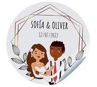 Etiquetas adhesivas boda. Pegatinas personalizadas con nombre y fecha para los regalos de tus invitados. Tamaño 45mm/60mm/70mm de diámetro.