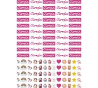 Etiquetas adhesivas personalizadas para niñas con nombre para niñas, impermeables, paquete de 50 unidades femeninas color rosa con simpáticos dibujos temáticos. (Giorgia)