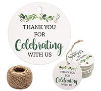 Etiquetas de agradecimiento para celebrar con nosotros, 100 unidades de etiquetas de agradecimiento para bodas, cumpleaños, fiestas de bebé, regalos, etiquetas de papel con cuerda de yute de 100 pies