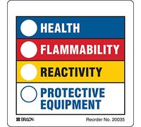 Etiquetas de comunicación peligrosa y de Derecho a Saber, revestidas, de Papel, 3.875" x 3.875", Negro/Azul/Rojo/Amarillo sobre Blanco