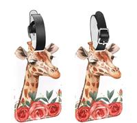 Etiquetas de equipaje con diseño de animales salvajes de acuarela, jirafa, rosa roja y flor para maleta, paquete de 2, identificador de equipaje de cuero con solapa de privacidad y etiqueta de identi