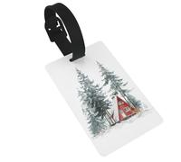 Etiquetas de equipaje con diseño de cabina en el bosque, color rojo acuarela, ideal para viajes, cruceros, mochilas, bolsas