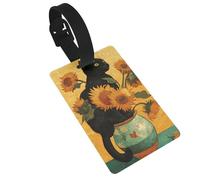 Etiquetas de equipaje con diseño de gato negro sentado en girasoles, ideal para viajes, cruceros, mochilas, bolsas