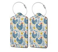 Etiquetas de equipaje de cuero con anilla de acero inoxidable con diseño de gallo azul y hojas de granja (2 unidades)