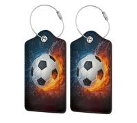 Etiquetas de equipaje de cuero con diseño de fútbol Fire Ice, identificadores de maletas, etiqueta de identificación con cubierta de privacidad, artículos esenciales de viaje (4 unidades)