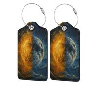 Etiquetas de equipaje de cuero con diseño de planeta Sol y Luna, con cubierta de privacidad y presilla de acero inoxidable para viajes, 2 unidades