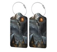 Etiquetas de equipaje de Halloween con diseño de calavera sobre pueblo para maletas, etiquetas para bolsas de viaje, etiqueta con nombre, etiqueta de equipaje de cuero personalizada con etiqueta de cu