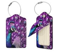 Etiquetas de equipaje de pavo real morado para maletas, etiquetas de viaje de piel sintética con tarjeta de identificación de privacidad completa, etiquetas de nombre personalizadas para bolsas