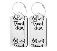 etiquetas de equipaje para maletas "Come bien, viaja a menudo", de piel sintética, con tapa de privacidad, etiqueta de identificación con lazo de acero inoxidable y tarjeta de dirección para maleta