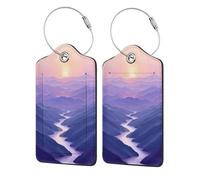 Etiquetas de equipaje Sunrise Over Layered Purple Blue Mountains para maleta, paquete de 2, de cuero con solapa de privacidad, etiqueta de identificación con nombre y presilla de metal para viajes de