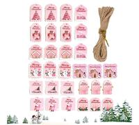 Etiquetas de Feliz Navidad - 3 x 2 pulgadas, madera rosa, 30 unidades, etiquetas de Navidad con temática de Papá Noel y muñeco de nieve con cuerda, etiquetas de nombre, etiquetas de regalo para