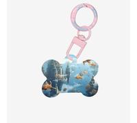 Etiquetas de identificación para mascotas, diseño de ciudad flotante de peces en las nubes, etiquetas personalizadas para perros y gatos, acrílico en forma de hueso, rosa claro, pequeño