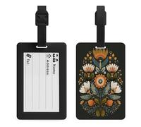 Etiquetas de nombre de equipaje de arte popular sueco con flores de mediados de siglo, bolsa de viaje, maleta, equipaje