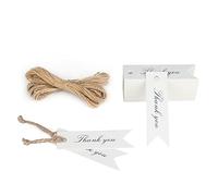 Etiquetas de Papel Kraft "Thank you" 7x2cm, 100 unidades con Cordel de Yute, para Regalos Hechos a Mano, Bodas, Fiestas (blanco con letras negras)