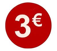 Etiquetas de Precio 3€ Euro Pack de 1000 Pegatinas Redondas Rojas Adhesivo Desplegable Price Stickers Rebajas Descuentos Oferta Liquidación