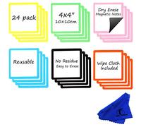 Etiquetas Magnéticas Borrables - Pack de 24 Tarjetas para Notas - Imanes para Nevera y Pizarra Blanca de 10x10 cm - Tiras Magnéticas para Escribir y Borrar en Casa, Oficina y Aula