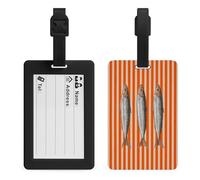 Etiquetas para equipaje con diseño de tres sardinas a rayas naranjas y blancas