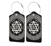 Etiquetas para equipaje de cuero negro escandinavo con diseño de mitología celta vikinga blanca y cubierta de privacidad. Soporte de identificación con cable de acero inoxidable para maleta, bolso de