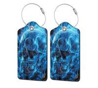 Etiquetas para equipaje de cuero negro neón con diseño de calavera, llama azul, fuego, misterio y terror, con cubierta de privacidad, soporte de identificación con cable de acero inoxidable para malet