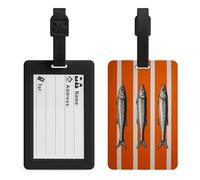 Etiquetas para equipaje de tres sardinas a rayas naranjas y blancas para bolsa de viaje, maleta, equipaje