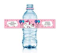 Etiquetas Personalizadas para Fiestas y Cumpleaños, 15 Unidades, Temática Unicornio y Globos, Resistente al Agua, Ideal para Botellas de Agua 33 cl, Multicolor, 19,3x3,4 cm