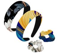 etoenbrc Paquete de 2 diademas anchas de poliéster y coletero para mujer, color amarillo y morado, plumas de pavo real, banda para el pelo, banda para el pelo, a la moda, antideslizante, para niñas y