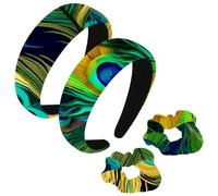 etoenbrc Paquete de 2 diademas anchas de poliéster y coletero para mujer, con estampado de plumas de pavo real, diademas para el pelo, banda para el pelo a la moda, antideslizante, para niñas y