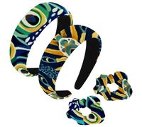 etoenbrc Paquete de 2 diademas anchas de poliéster y coletero para mujer, con patrón de plumas de pavo real, diadema para el pelo, a la moda, antideslizante, para niñas y mujeres, accesorios para el