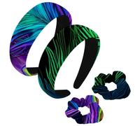 etoenbrc Paquete de 2 diademas anchas de poliéster y coletero para mujer, cuatro plumas de pavo real, diadema para el pelo, banda para el pelo antideslizante para niñas y mujeres, accesorios para el