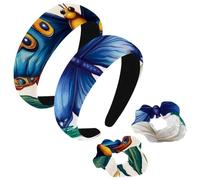 etoenbrc Paquete de 2 diademas anchas de poliéster y coletero para mujer, diademas de plumas de mariposa azul, banda para el pelo, banda para el pelo antideslizante para niñas y mujeres, accesorios