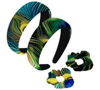 etoenbrc Paquete de 2 diademas anchas de poliéster y coletero para mujer, diademas de plumas de pavo real, banda para el pelo, a la moda, antideslizante, para niñas y mujeres, accesorios para el