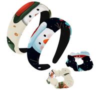 etoenbrc Paquete de 2 diademas anchas de poliéster y coletero para mujer, diseño de muñeco de nieve de Navidad, banda para el pelo, banda para el pelo antideslizante para niñas y mujeres, accesorios