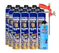 Etrexonline Kit Espuma de Poliuretano 70L Ultra Rápida - 12 Botes de 750ml + Pistola Aplicadora + Limpiador 500ml, Espuma Expansiva para Sellado y Aislamiento