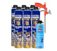 Etrexonline Kit Espuma de Poliuretano 70L Ultra Rápida - 6 Botes de 750ml + Pistola Aplicadora + Limpiador 500ml, Espuma Expansiva para Sellado y Aislamiento