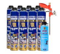 Etrexonline Kit Espuma de Poliuretano 70L Ultra Rápida - 8 Botes de 750ml + Pistola Aplicadora + Limpiador 500ml, Espuma Expansiva para Sellado y Aislamiento