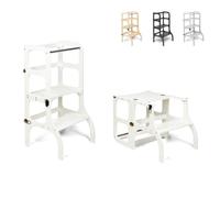 Ette Tete Step’n’Sit® Montessori Torre - Mesa de Aprendizaje Convertible • Multifuncional 2 en 1 (con Cierres de latón Antiguo, Blanco)