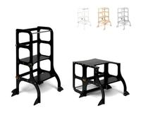 Ette Tete Step’n’Sit® Montessori Torre - Mesa de Aprendizaje Convertible • Multifuncional 2 en 1 • con Patas de Apoyo adicionales (con Cierres de latón Antiguo, Negro)