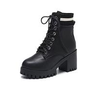 ETZRYSYB Botas largas de lana de tacón grueso para mujer, botas cortas de cuero sintético, zapatos de plataforma con cordones, otoño e invierno (Schwarz, 4.5 UK)