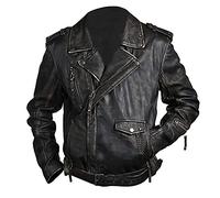 EU Fashions Chaqueta de piel auténtica para hombre con cremallera cruzada Brando Biker Motorcycle, Black - Brando Real Cowhide Jacket, XL