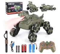 Euakee Coche Teledirigido Niños, 8WD 2.4 GHz Monster Truck con Control Manual, RC Stunt Car con Luz LED, Música y Sprays, Dinosaurio Juguete y Regalo para Niños 6 7 8 9 10 11 Años Niño