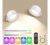 Euakee Lámpara de pared LED 2PCS, Luz de Pared de Interior con Batería de Carga USB, Lampara Pared con Control Táctil & Control Remoto, Aplique de Pared para Dormitorio Lectura (Blanco)