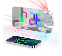 Euakee Reloj Despertador Digital con Proyección, Reloj con Espejo LED de 7,4″, Luz Nocturna de 10 Colores, Proyector Giratorio 180º, Cargador USB-C, para Dormitorio Infantil Niñas Niños (Blanco)