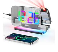 Euakee Reloj Despertador Digital con Proyección, Reloj con Espejo LED de 7,4″, Luz Nocturna de 10 Colores, Proyector Giratorio 180º, Cargador USB-C, para Dormitorio Infantil Niñas Niños (Negro)